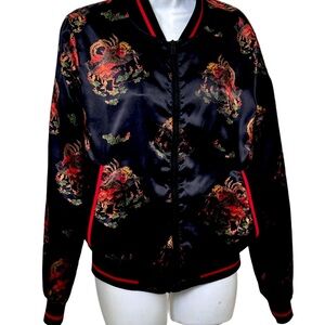 Zara Unisex black satin Chinese printed bomber w striped collar cuff Mens Sm